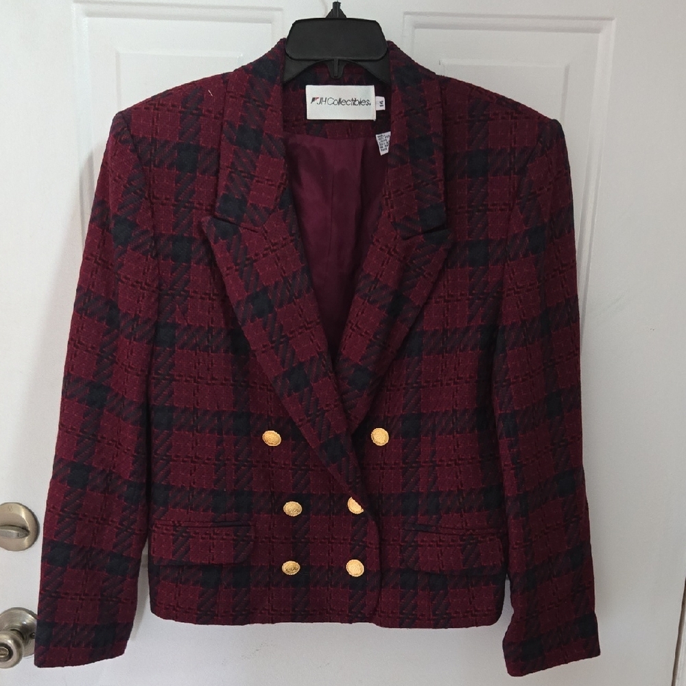 JH Collectibles Women's Burgundy Plaid Blazer